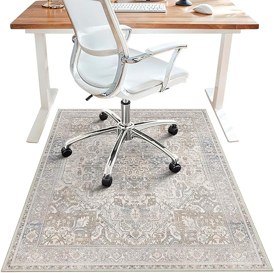 48"x72" Office Chair Mat for Hardwood Tile Floor, Under Desk Carpet Protector for Rolling Computer Chair Mat, Machine Washable Area Rug, Anti-Slip 1/5" Thick Low Pile Thin Floor Mat, Khaki Blue
