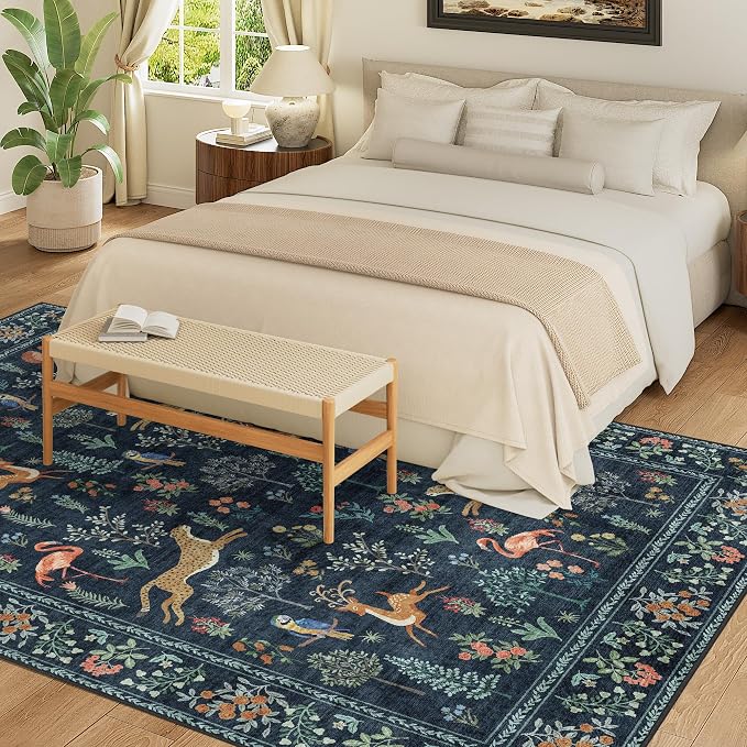 DUKINO 5x7 Rug, Washable Animal Living Room Rug with Non Slip Vintage Design, Soft Low Pile Large Carpet for Bedroom, Nursery, Dining Room, Farmhouse, Playroom, Navy Blue