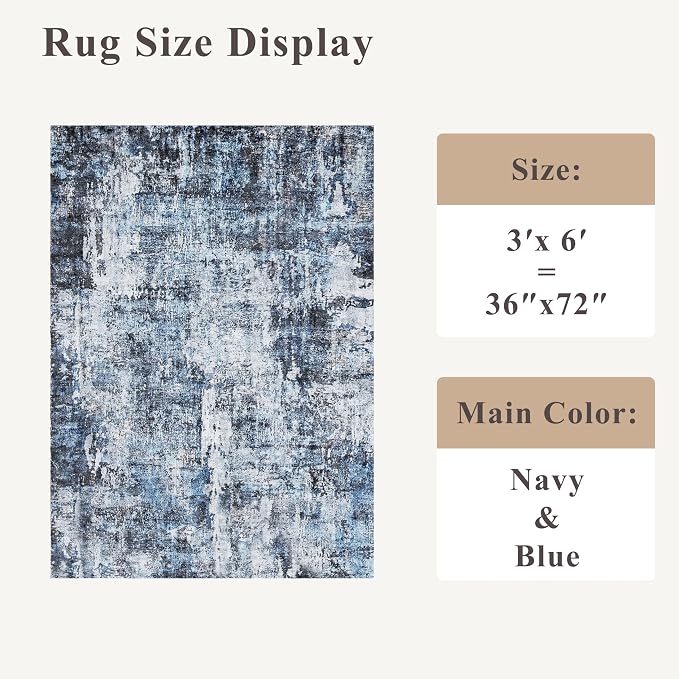 3x6 Washable Wide Runner Rug – Non-Slip Floor Carpet Runner for Kitchen Entryway Hallway Bathroom, Modern Abstract Low Pile Thin Area Rug (Navy Blue, 3x6)
