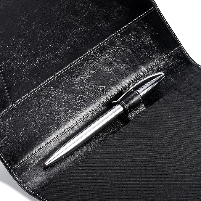 HISCOW Slim Leather Junior Padfolio, 5x8 Notepad Cover, Antiqued Black | Full-grain buffalo leather, top-loading legal pad holder, rigid pen loop, quick-access card slot, zipperless boardroom design