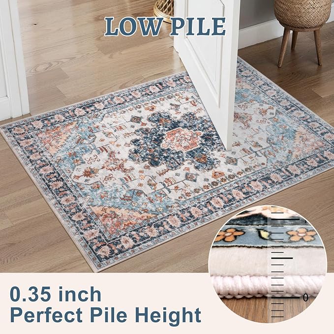 Tangsoo 4x6 Area Rug for Living Room, Washable Vintage Indoor, Distressed Blue/Beige Carpet for Bedroom, Non Slip Dining Room, Soft Low Pile Rugs Foldable for Dorm Bedside Bathroom