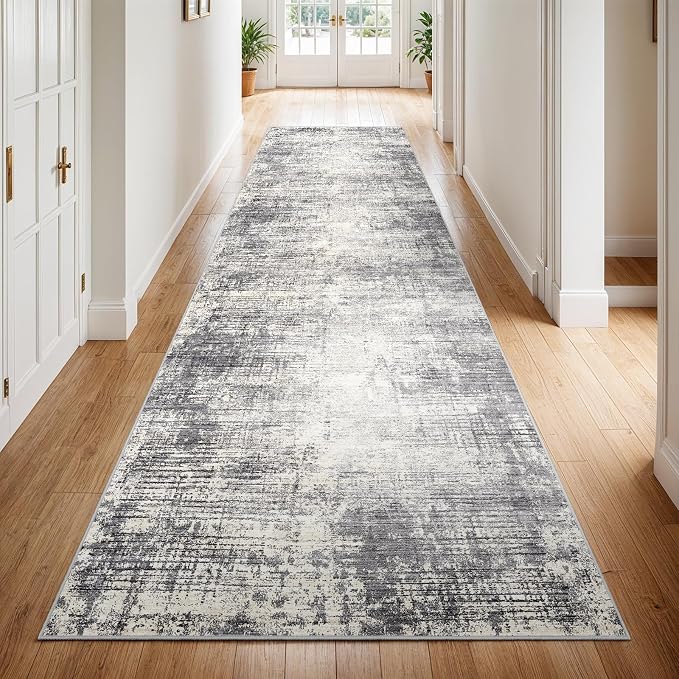 3x10 Hallway Washable Runner Rug - Non-Slip Kitchen Rugs with Rubber Backing Abstract Neutral Low-Pile Carpet Runners for Laundry Room Home Decor Bedroom Bathroom Entryway (Gray Beige,3x10)