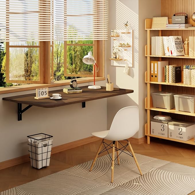IAE Wall Mounted Floating Foldable Desk, 36" x 22" Folding Computer Workstation Table with Engineered Wood and Metal Shelf Brackets,Fold&Floating Design for Home Office, Apartment,Laundry Room,Walnut