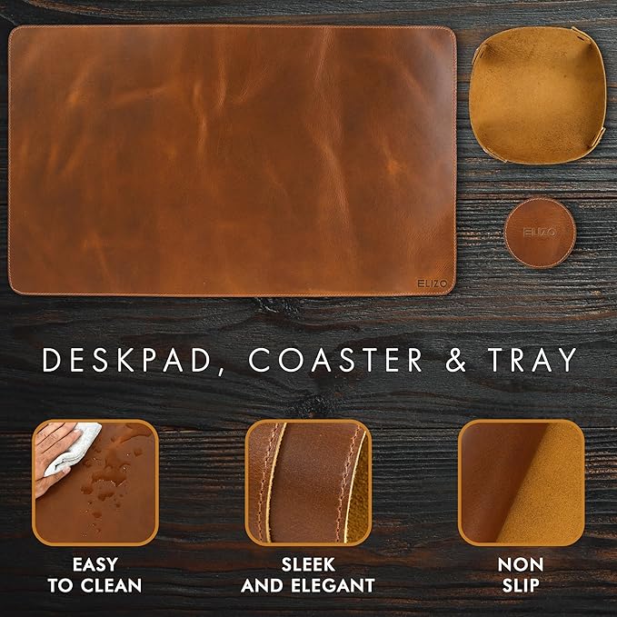Elizo Real Leather Desk Mat Set (24X12) Large Desk Cover Desk Blotter Protector Computer Gaming Mouse Pad Table Laptop Office Desktop Accessories Antique