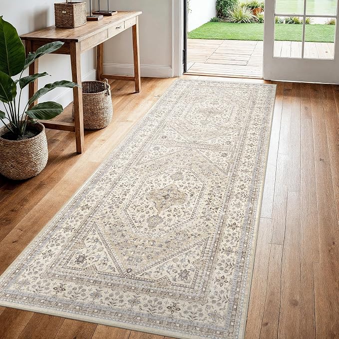 3x7 Runner Rug for Hallway Washable: Non Slip Kitchen Rugs with Rubber Backing Soft Waterproof Wide Mats Stain Resistant Low Pile Carpet for Entryway Bedroom Bathroom Laundry Home Decor Beige/Gray