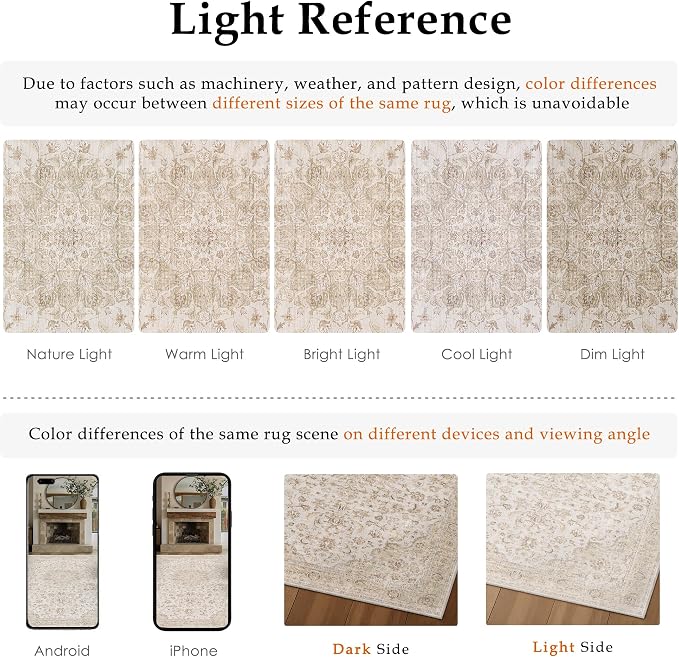 PureCozy 6x9 Area Rug Washable Neutral Beige Brown Vintage Living Room Bedroom Carpet Non Slip Low Pile Soft Floral Indoor Throw Rug for Dining Room Office