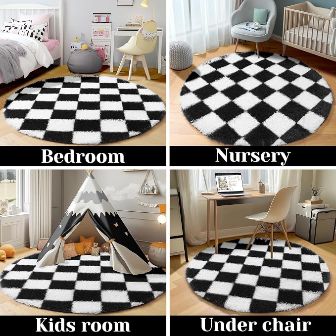 KICMOR Round Rugs 7ft Black and White Circle Area Rug, Fluffy Soft Large Fuzzy Shag Shaggy Bedroom Living Room Carpet, Indoor Checkered Circular Rug for Kids Boys Girls Home Decor Aesthetic, Nursery