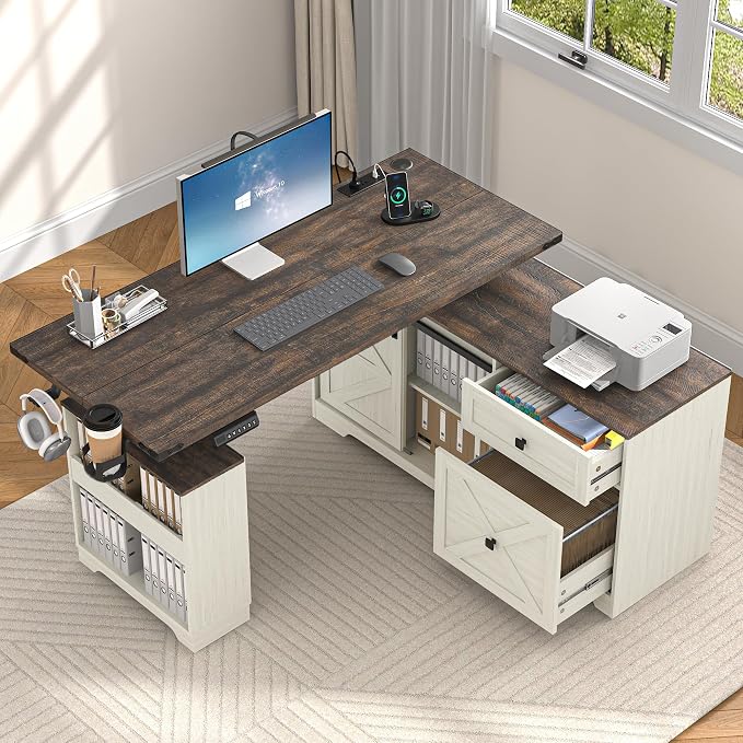 St.Mandyu L Shaped Electric Standing Desk 55" White with Power & Storage | File drawer, sliding door cabinet, cup holder, height adjustable, sturdy wood frame, home office for work/study/writing