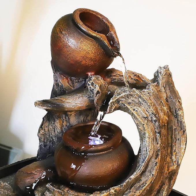 Ferrisland Tabletop Water Fountain Indoor - Tree Trunk with Jar Rustic Fountains Small Feng Shui Zen Waterfall Fountain W/LED Light & Soothing Sounds for Office Home Desktop Decor (Brown)