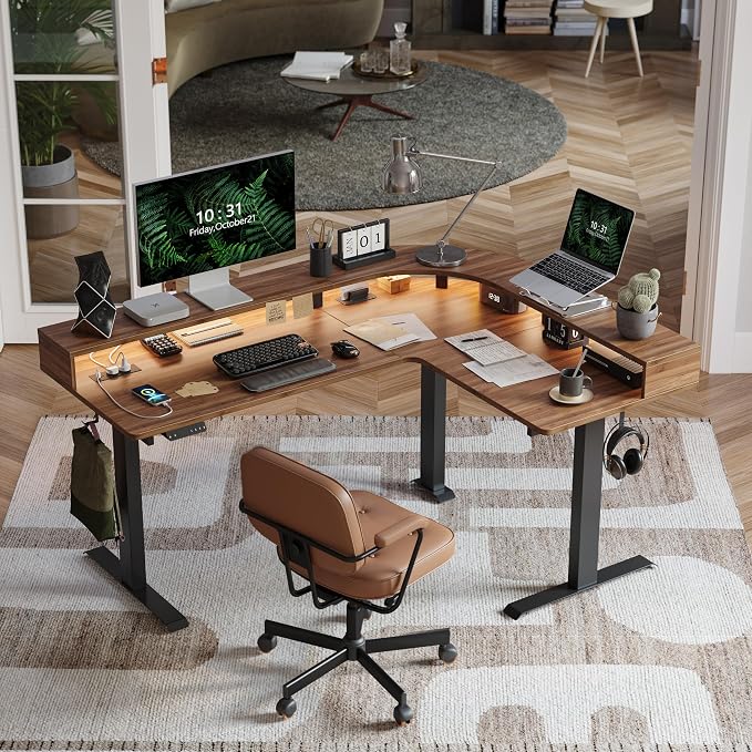 FEZIBO 63"x49" L Shaped Standing Desk with Arc LED & Power Outlet, Electric Height Adjustable L Shaped Desk with Monitor Stand, for Gaming Office, Black Walnut（2 Packages）