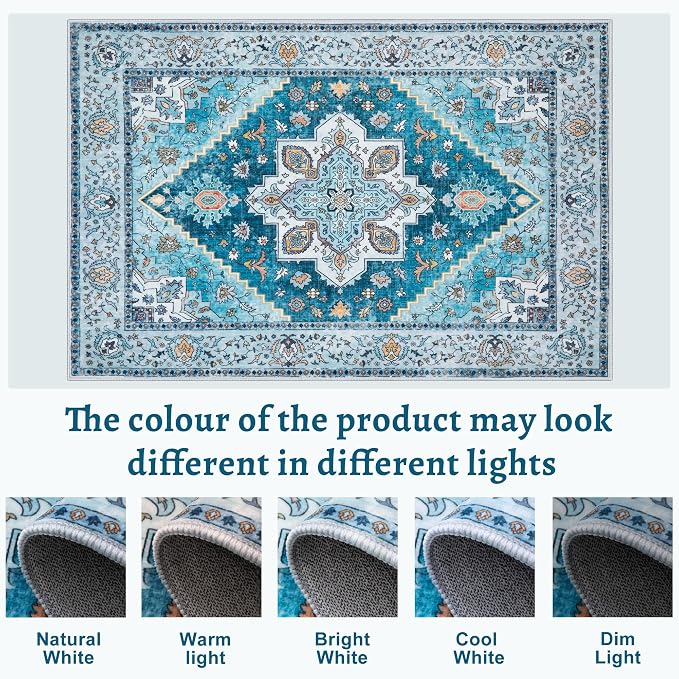 Tangsoo Blue 3x5 Washable Rug, Vintage Indoor Area Rugs, Boho Non Slip Accent Rug Carpet, Soft Low Pile Rugs for Living Room Dorm Bedroom Bedside Entryway Bathroom Home Decor