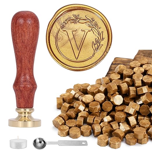 Yoption Letter Wax Seal Kit, Vintage Initial Alphabet V with Wreath Wax Stamp and 120 Antique Gold Wax Seal Beads