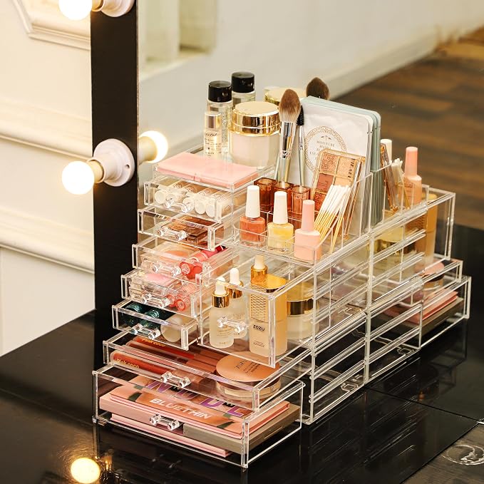 Acrylic Clear Makeup Organizer Countertop,Stackable Skincare Organizer for Vanity With 8 Drawers,Large Plastic Desk Accessories Organization,Bathroom Cosmetic Organizer Countertop for Beauty,Skin Care