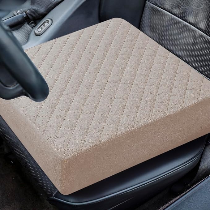 Booster Cushion for Adults - 16x16x4.5 Medium-Firm Seat Cushion for Home, Office, Wheelchair, Car - Washable Velvety Cover with Waterproof Layer & Removable Strap, Non-Slip Base - Beige