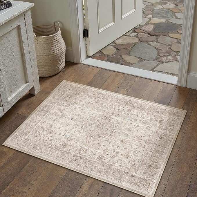 PureCozy Beige Area Rug 2x3 Washable Vintage Entryway Carpet Low Pile Non Slip Distressed Door Mat Soft Traditional Retro Oriental Small Accent Throw Rug for Kitchen Bedroom Office Bathroom Laundry