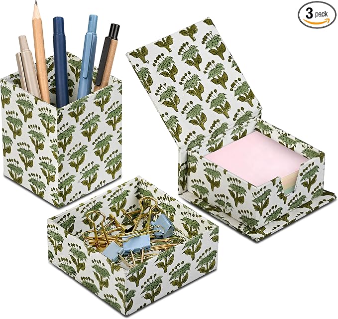 CPC Emerald Green Block Print Set of 3 Desk Organizer Pen And Sticky Note Holder Cute, Aesthetic, Decor accessories, workspace organizers, Caddy Storage, Gift for Office, Professionals, Student