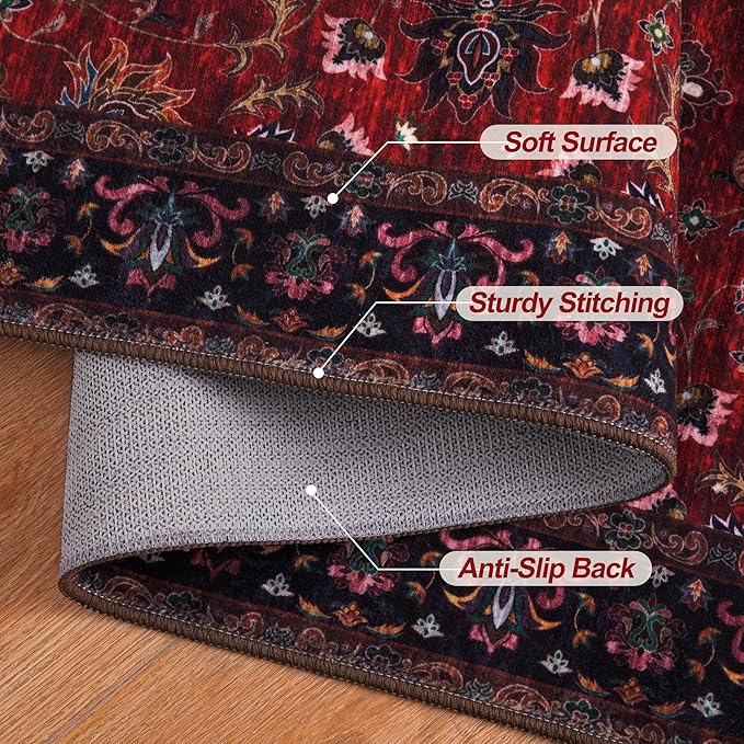 Tangsoo Red 4x6 Washable Area Rug, Vintage Indoor Rugs for Living Room, Non Slip Machine Washable Large Rugs, Soft Print Red Oriental Carpet for Bedroom Dining Room Dorm Office