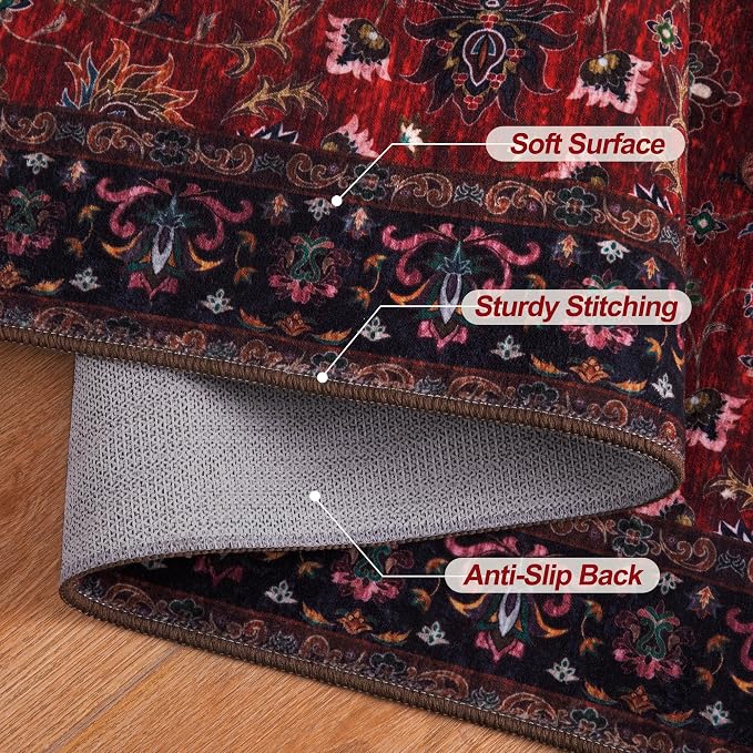 Tangsoo 2x3 Washable Rugs for Entryway, Vintage Floral Rug Red Small Area Rug Non-Slip Soft Low Pile, Small Carpet Door Mat, Front Door Indoor Throw Rugs for Entrance Kitchen Entry
