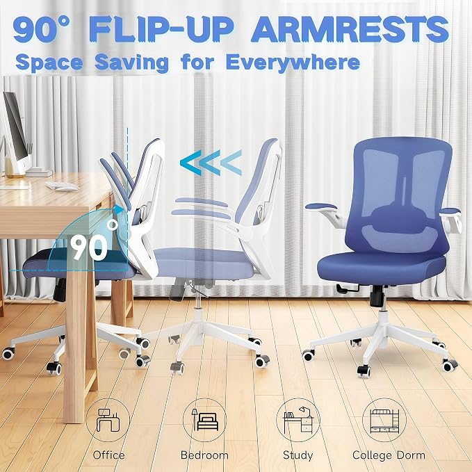 Office Chair (02BLue) | Smooth-rolling casters, space-saving design, height adjustable, for home office and gaming, sturdy construction