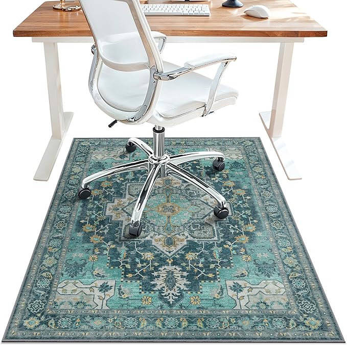 36"x60" Office Chair Mat for Hardwood Tile Floor, Under Desk Carpet Protector for Rolling Computer Chair Mat, Machine Washable Area Rug, Anti-Slip 1/5" Thick Low Pile Thin Vinyl Floor Mat, Turquoise