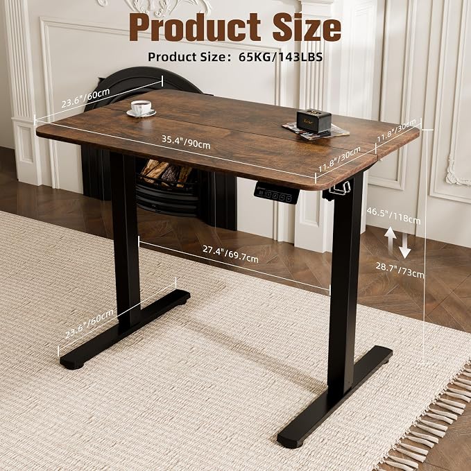 Small Standing Desk,35"x24" Height Adjustable Sit-Stand Home Office, Brown | Electric Adjustable Standing Desk, Sit to Stand Computer Office Desk with Splice Board, Memory Preset, Lifts 28.7''-46.5"