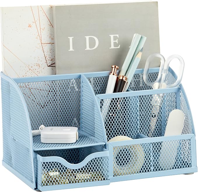 Annova Mesh Desk Organizer Office with 7 Compartments + Drawer/Desk Tidy Candy/Pen Holder/Multifunctional Organizer (New Blue23)
