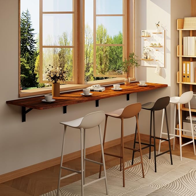 IAE 72" x 22" Floating Foldable Desk,Wall-Mounted Folding Computer Table with Engineered Wood,Study Table with Shelf Brackets,Fold Down Shelf,Fold Computer Desk for Small Apartment,Holds 500 lb,Rustic