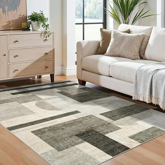 4x5 Washable Entryway Office Rug: Mid Century Modern Area Rugs Geometric Non Slip Soft Low Pile Indoor Carpet for Living Room Bedroom Kitchen Bathroom Entrance (Beige/Olive Green/Gray, 4X5)