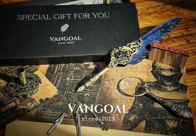 VANGOAL Steampunk Feather Pen and Ink Set with Gift Box, Vintage Quill Pen for Writing, Calligraphy Pen Set for Office Supplies, Birthday, Wedding, Christmas Gift (Blue)