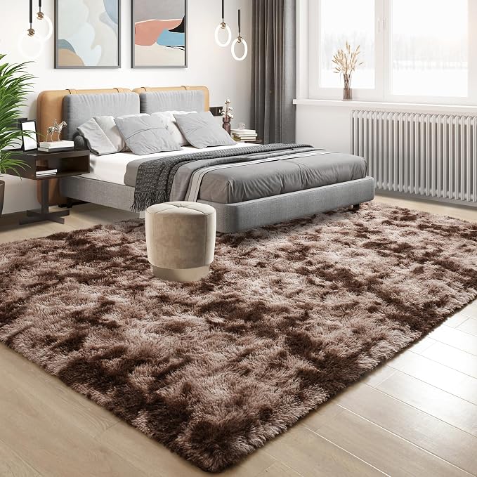 Tepook 4x6 Area Rugs for Living Room Bedroom, Soft Fluffy Plush Shaggy Girls Boys Kids Room Rug, Shag Upgrade Non-Slip Throw Carpet for Dorms Nursery Classroom Home Decor, Tie-Dyed Brown