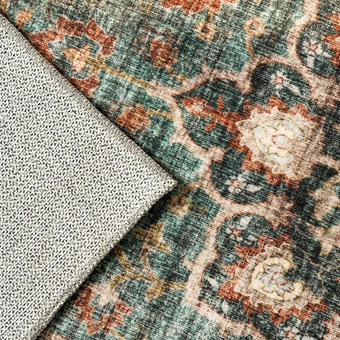 TOPRUUG Washable Oriental Area Rug - 7x9 Rugs for Living Room Soft Carpet for Bedroom Waterproof Floral Distressed Indoor Stain Resistant Non-Shedding Floor Carpets (Green, 7x9)