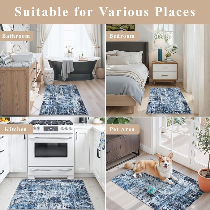 2x5 Washable Kitchen Runner Rug – Non-Slip Rubber Backing Low-Pile Soft Small Rug for Hallway Bathroom Bedroom Entryway Laundry Room – Modern Neutral Abstract Thin (Navy Blue)