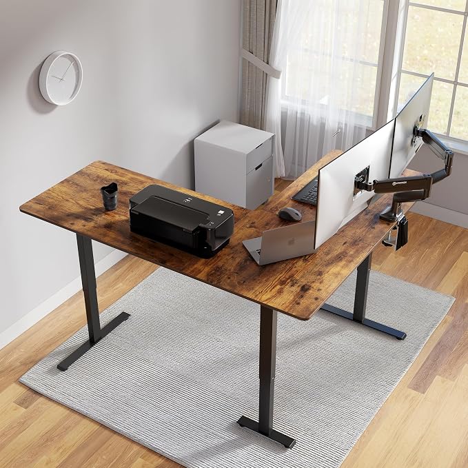 FEZIBO 63" x 55"L Shaped Standing Desk Adjustable Height, Electric Stand up Corner Computer Desk, Sit Stand Home Office Desk with Splice Board, Vintage-Brown