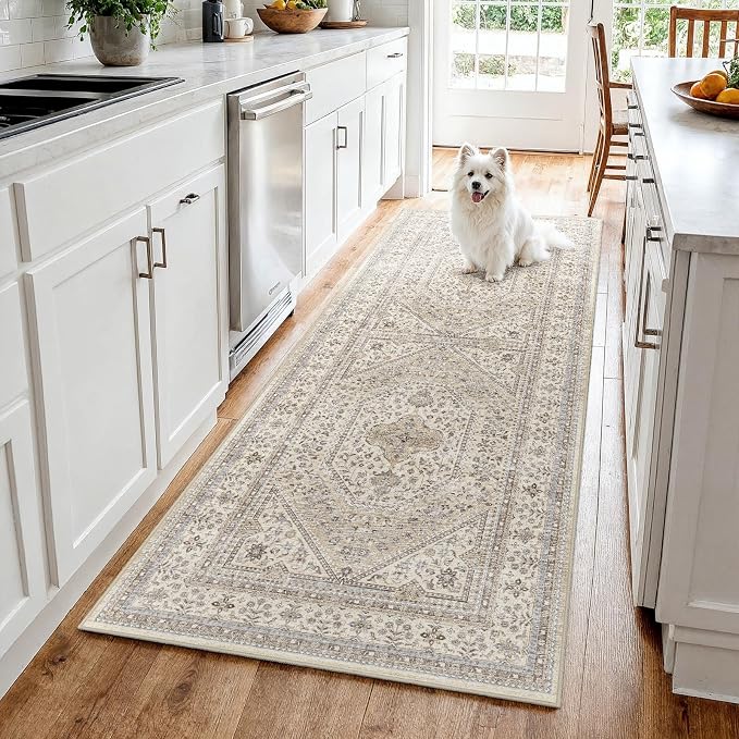 3x7 Runner Rug for Hallway Washable: Non Slip Kitchen Rugs with Rubber Backing Soft Waterproof Wide Mats Stain Resistant Low Pile Carpet for Entryway Bedroom Bathroom Laundry Home Decor Beige/Gray