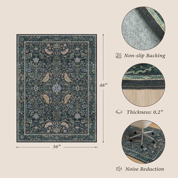 Washable Floral Small 3x4 Office Chair Mat for Hardwood Floors, Boho Blue and Green Non-Slip Low Pile Desk Rug, Machine Washable Botanical WFH Essential for Dorm Room, Stain Resistant Floral Carpet