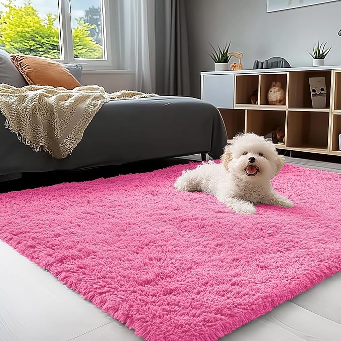 OLANLY 3x5 Machine Washable Small Bedside Rug, Soft Fluffy Shaggy Rugs for Living Room, Bedroom, Indoor Floor Carpet for Kids Girls and Boys, Preppy Dorms, Nursery, Home Decor Aesthetic, Hot Pink
