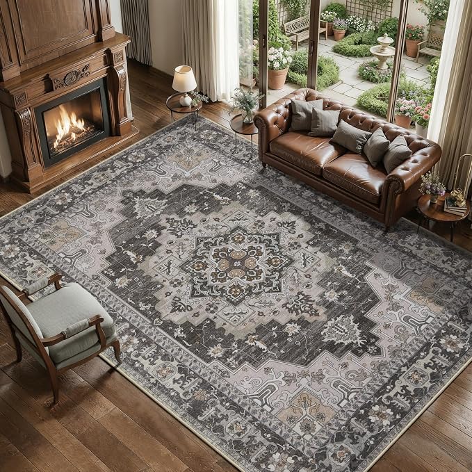 Tangsoo 8x10 Area Rug for Living Room, Washable Vintage Rugs Indoor Boho Non Slip Large Area Rugs, Oriental Print Carpet, Soft Low Pile Rug Foldable Floor Rug for Bedroom Dining Room Grey/Taupe