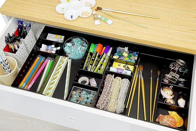 CAXXA 3 Slot Drawer Organizer with 4 Adjustable Dividers - 7 Compartments Junk Drawer Storage for Makeup & Vanity, Office Desk Supplies and Accessories, BLACK (2 pack)