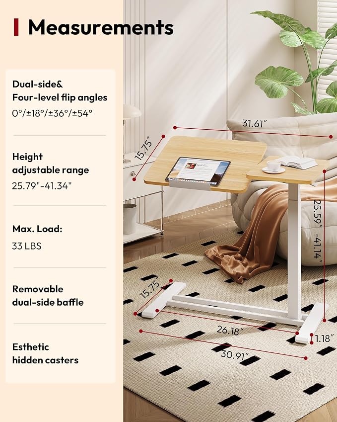 SANODESK 32''Overbed Table Gas Spring Lifting with Wheels&Tilting Desktop | Rolling Mobile Laptop Desk End Table,Portable Computer Workstation for Home Office,Sofa,Bedside,31.5" W x 17.7" D,Maple