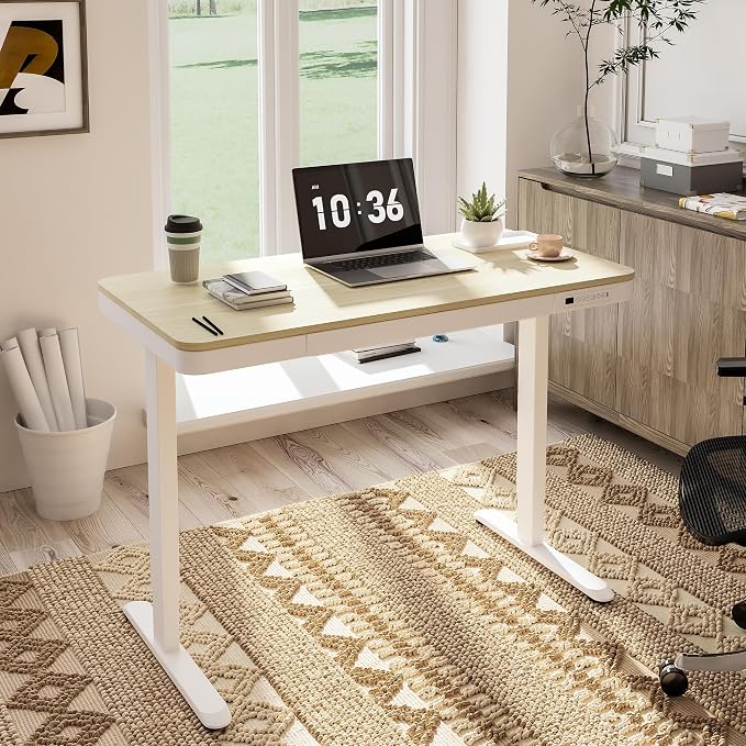 FLEXISPOT Comhar Electric Standing Desk with Drawers Charging USB Port, Height Adjustable 48" Whole-Piece Quick Install Home Office Computer Laptop Table with Storage