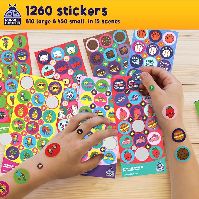 Purple Ladybug 1260 Variety Scratch and Sniff Stickers - Classroom Decor with 15 Unique Scents - Fun and Motivational Rewards for Kids and Teachers Must Haves, Smelly Sticker Back to School Gift