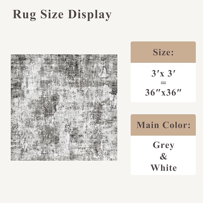 3x3 Square Entryway Rug Washable – Non-Slip Small Area Rug for Kitchen or Bathroom, Soft Low-Pile Indoor Mat, Modern Abstract Thin Door Carpet (Grey)