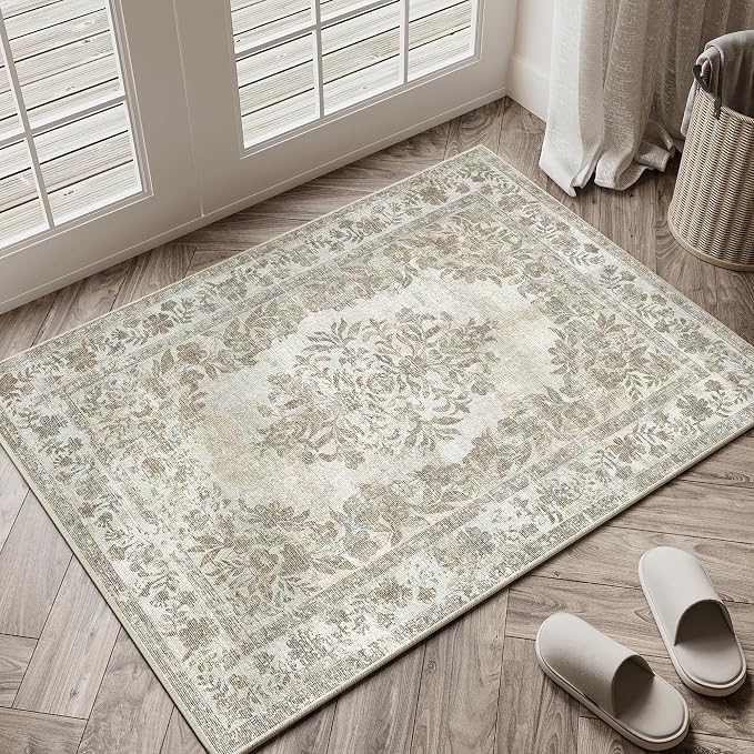 PureCozy 2x3 Area Rug Beige Washable Entryway Door Mat Indoor Vintage Medallion Floral Carpet Kitchen Bathroom Distressed Entrance Retro Small Non Slip Accent Throw Bedroom Office Dining Living Room