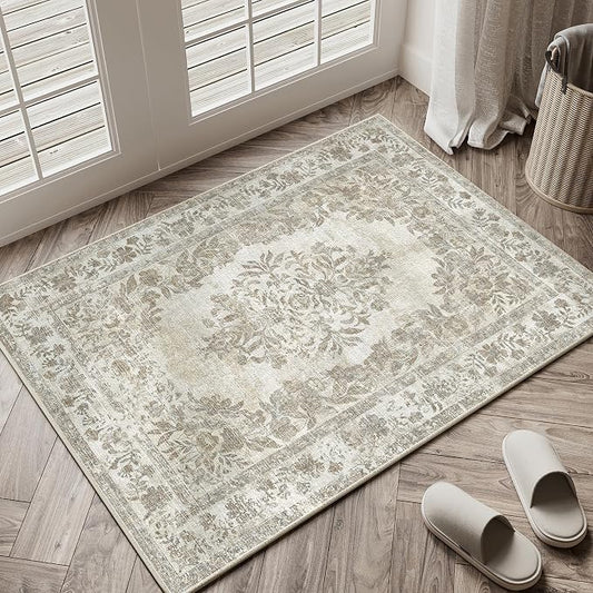 PureCozy 2x3 Area Rug Beige Washable Entryway Door Mat Indoor Vintage Medallion Floral Carpet Kitchen Bathroom Distressed Entrance Retro Small Non Slip Accent Throw Bedroom Office Dining Living Room