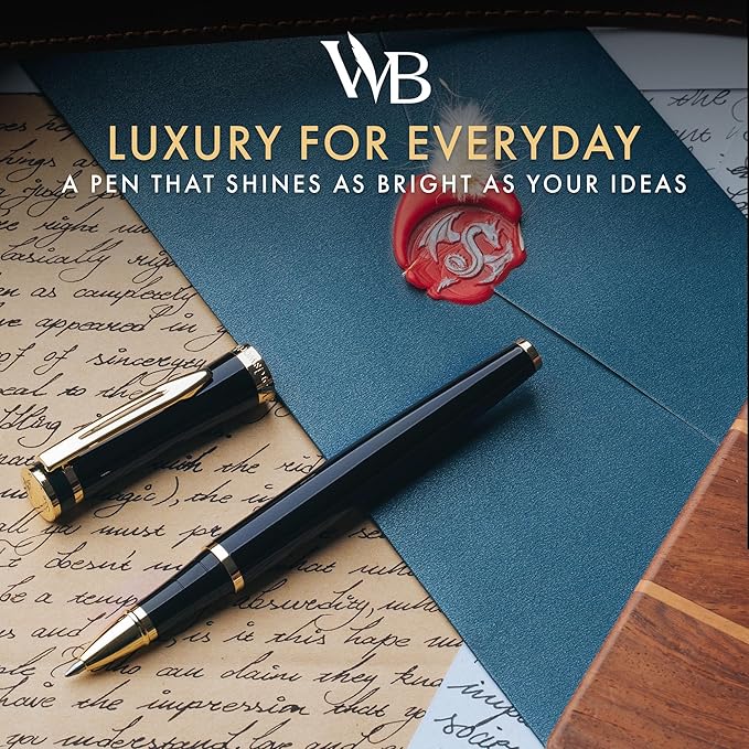 Wordsworth and Black Rollerball Pen - Luxury Pen - 24K Gold Finish, Black Lacquer, Ink Refill, Refillable Gift for Men & Women, Professional Writing, Nice and Fancy Pens and for Work
