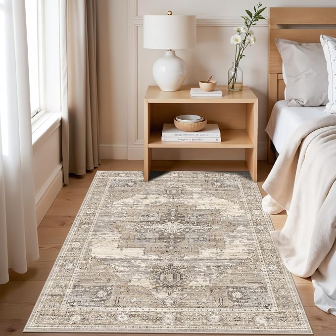 RUUGME Washable Entryway 4x5 Rug- Vintage Area Rug for Living Room Bedroom Kitchen Stain Resistant Carpet Low Pile Ultra-Thin Rugs with Non Slip Backing Home Decor 4X5 Beige