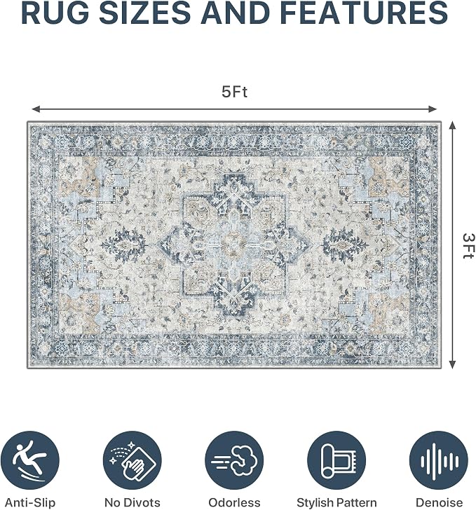 36"x60" Office Chair Mat for Hardwood Tile Floor, Under Desk Carpet Protector for Rolling Computer Chair Mat, Machine Washable Area Rug, Anti-Slip 1/5" Thick Low Pile Thin Vinyl Floor Mat, Blue