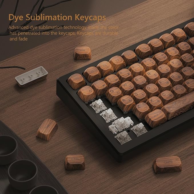Womier PBT Keycaps - MOA Keycaps for Mechanical Keyboard 60 65 75 Percent, Wood Dye-Sublimation Japanese Custom Keyboard Key Cap Set for Cherry MX, Walnut