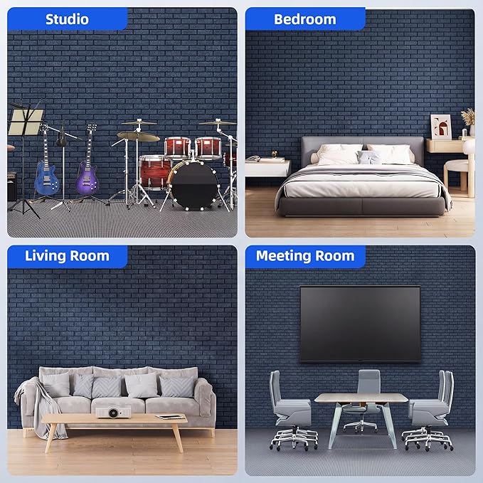 12 Pack Acoustic Panels with Self Adhesive, 12" X 12" X 0.4" High Density Sound Proof Foam Panels for Walls, Soundproof Wall Panel, Brick Sound Absorbing Panel for Home Studio Office Decor Navy Blue