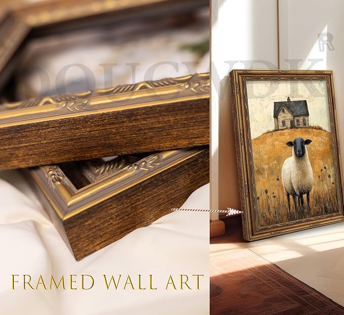 Vintage Gold Framed Wall Art Retro Country Sheep Oil Painting Canvas Prints Farmhouse Landscape Picture Wall Decor Rustic Farmhouse Animal Poster Artwork for Living Room Bedroom Bathroom, 9x11in
